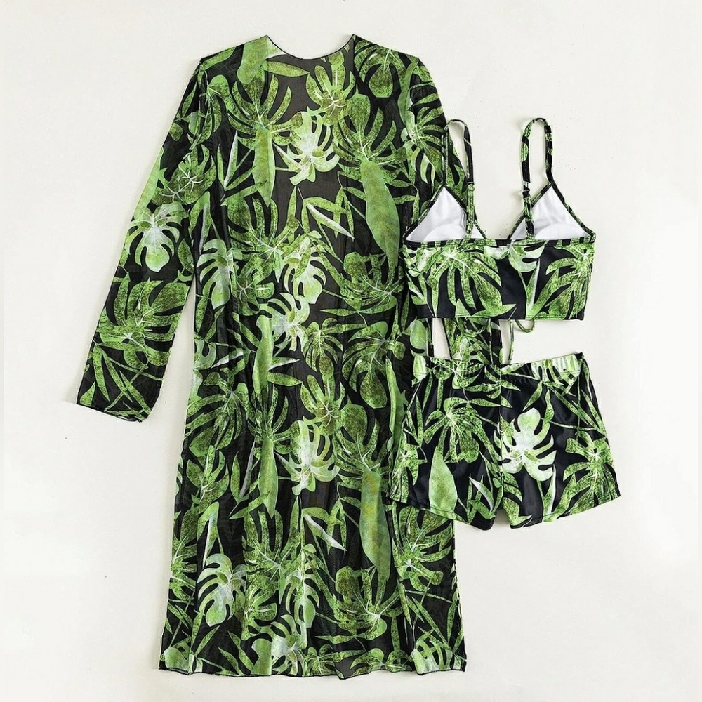 Tummy Control Swimwear, Tropical Print 3-pices Bikini Set in Green Size XL UK 16 - Picture 5 of 5